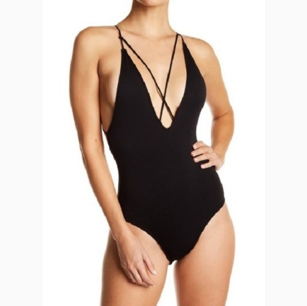 Sam Edelman Black Deep V Plunge Sleeveless Bodysuit Medium